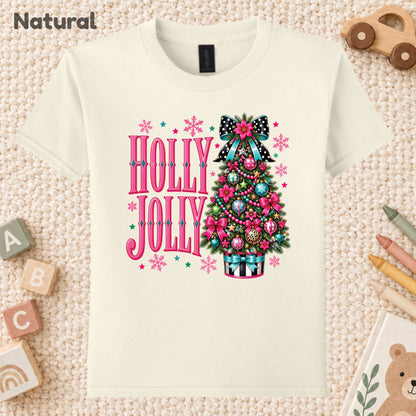 Pink Christmas Tree T-Shirt, Holly Jolly Bow and Snowflake Graphic Tee, Cute Holiday Shirt