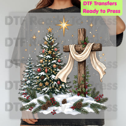 Christmas DTF Transfer, Christian Wooden Cross Star Christmas Tree Graphic