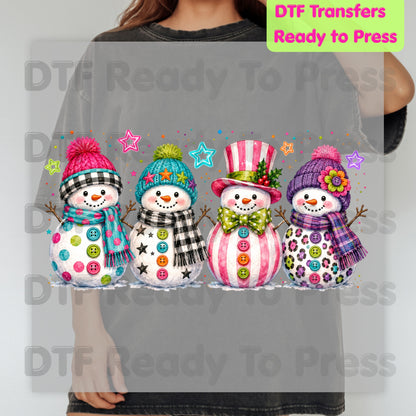 Christmas Colorful Snowmen DTF Transfers, Cute Winter Snowman Beanies Scarves Holiday Ready to Press