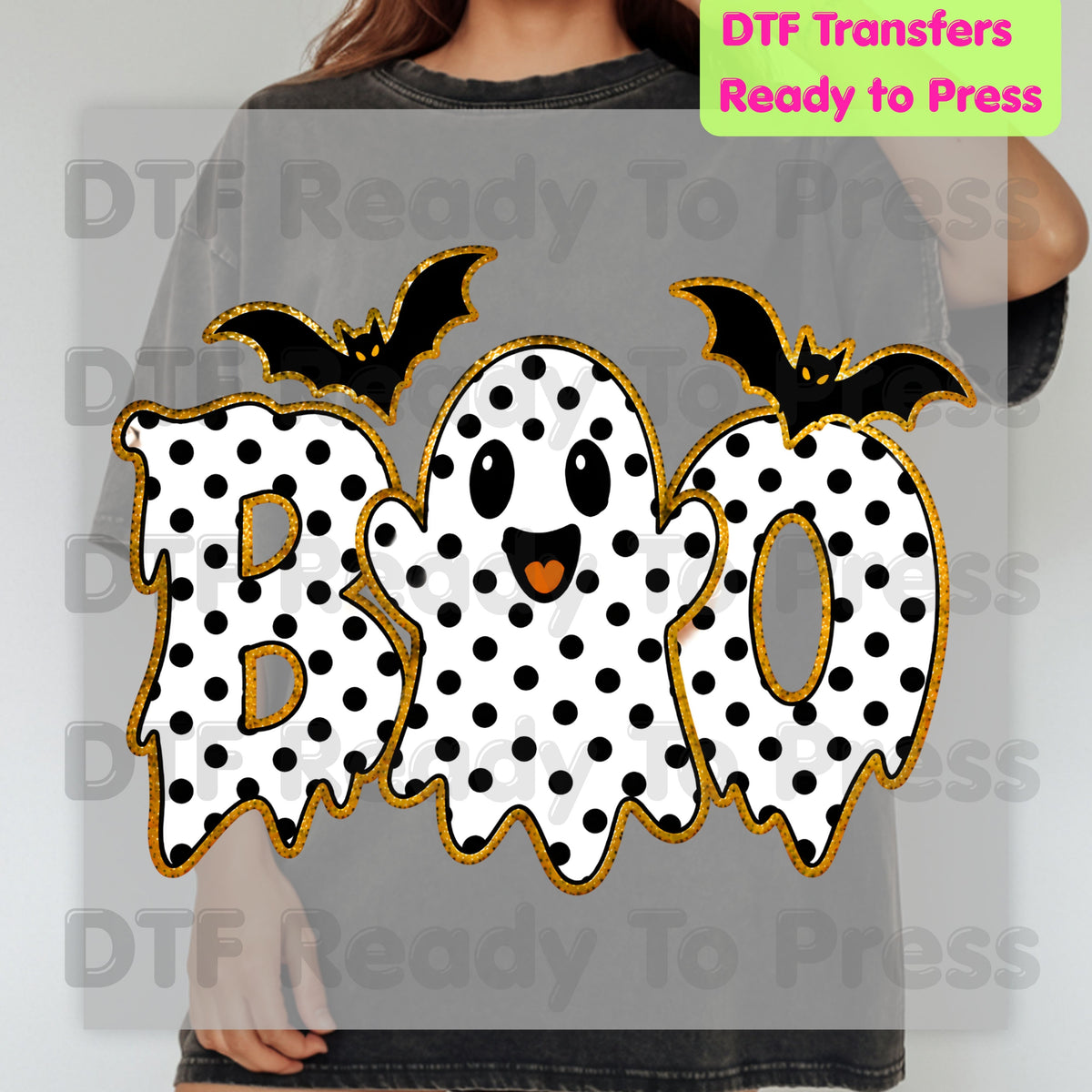 Polka Dot Ghost Halloween DTF Transfers, Boo Cute Spooky Bats Holiday Ready to Press