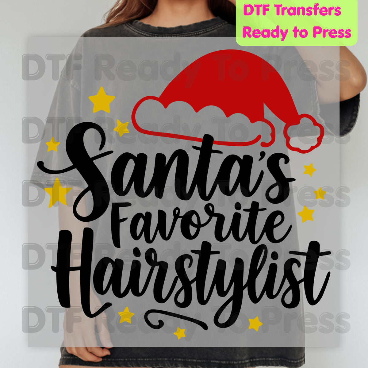 Santa's Favorite Hairstylist DTF Transfers, Christmas Salon Santa Hat Stars Holiday Ready to Press
