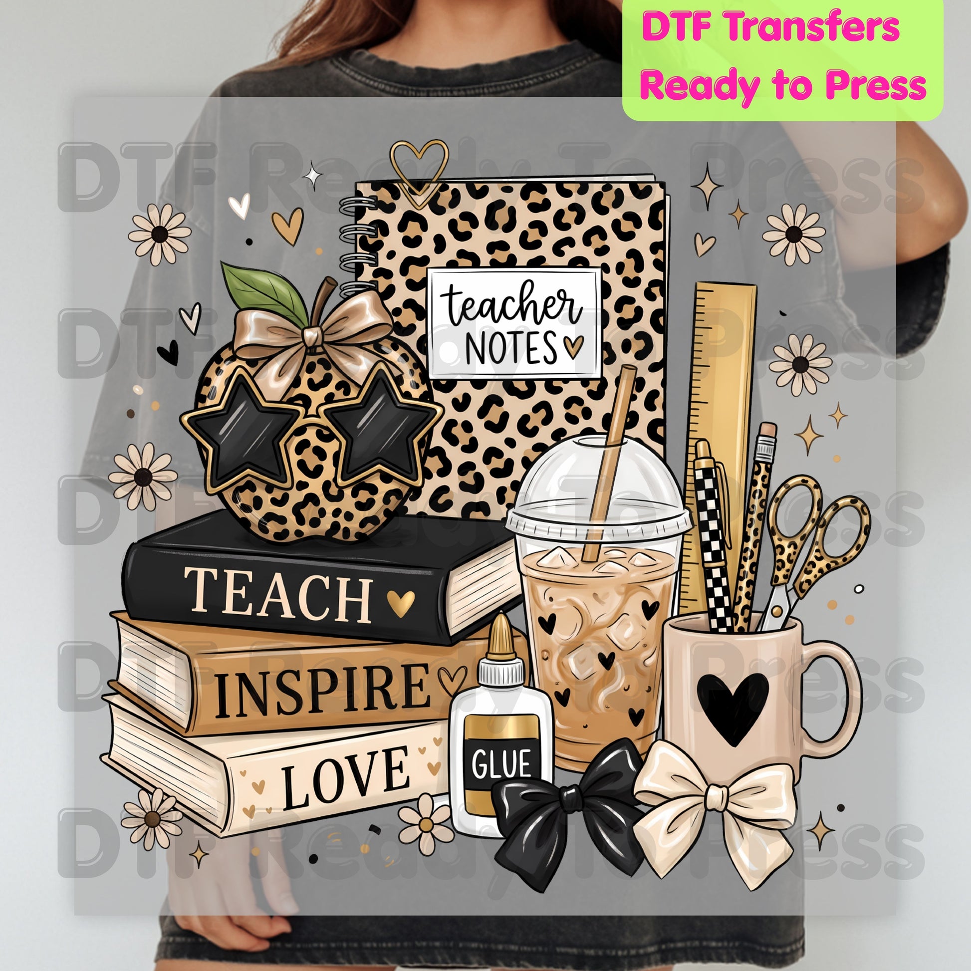 Teach Inspire Love Leopard Teacher DTF Transfers, Notebook Coffee Iced Drink Ready to Press