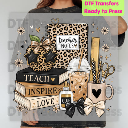 Teach Inspire Love Leopard Teacher DTF Transfers, Notebook Coffee Iced Drink Ready to Press