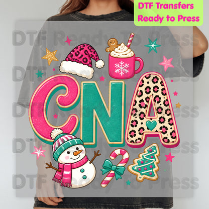 Pink Christmas CNA DTF Transfers, Medical Nurse Snowman Leopard Holiday Ready to Press