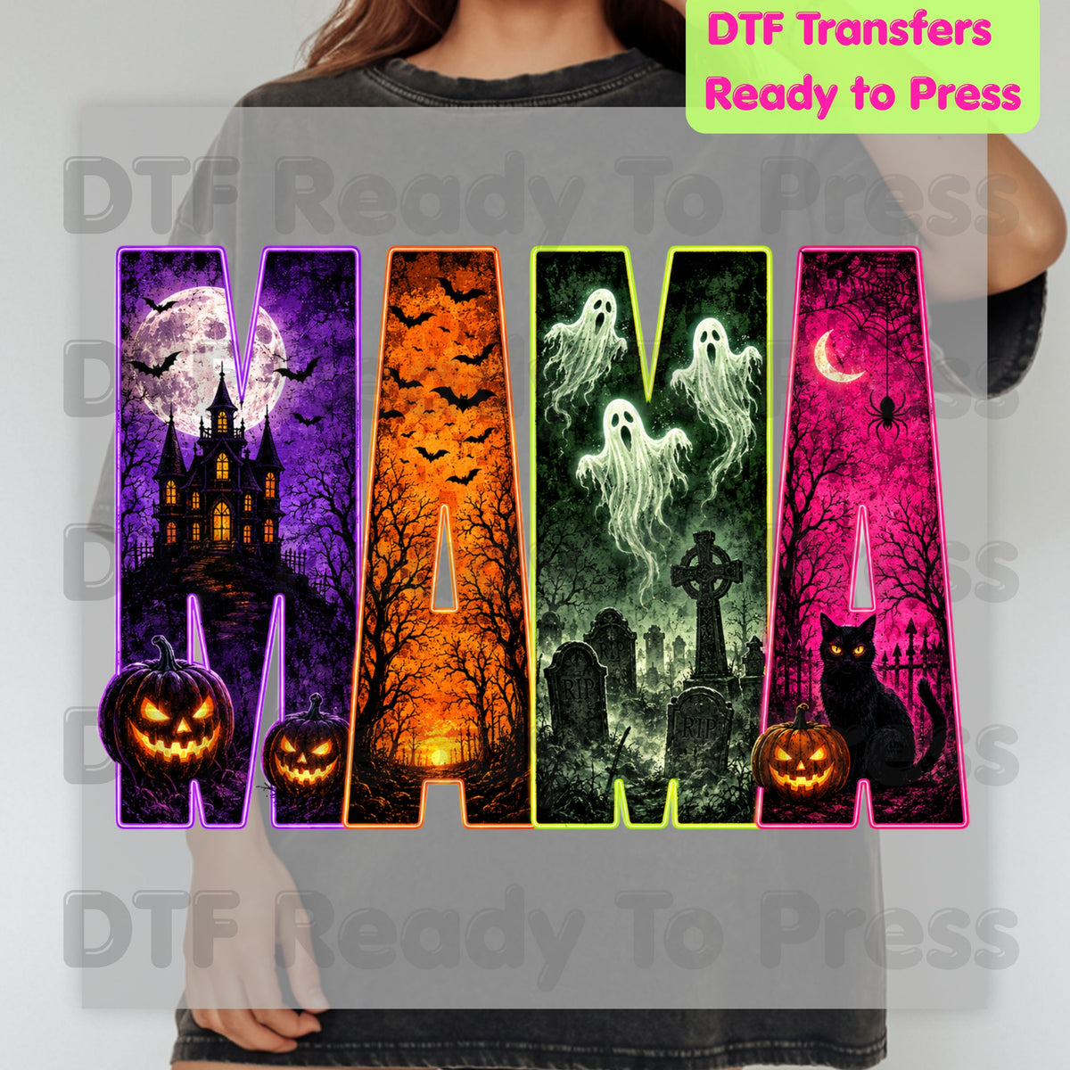 Halloween Mama DTF Transfers, Neon Haunted House Ghost Pumpkin Spooky Ready to Press