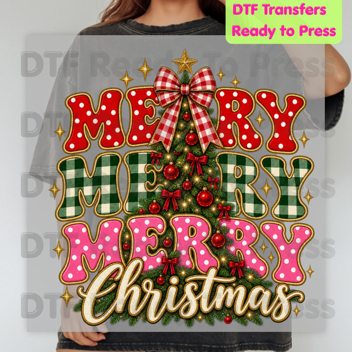 Merry Merry Christmas Tree DTF Transfers, Plaid Polka Dot Pink Holiday Ready to Press