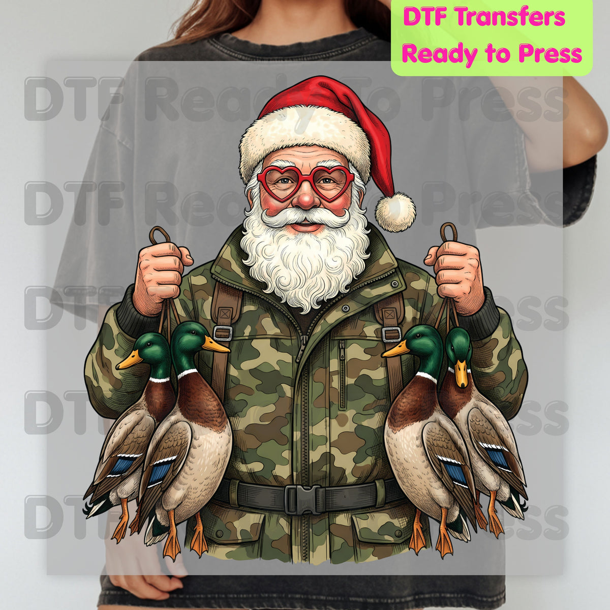 Christmas DTF Transfer, Santa Duck Hunting, Camo Mallards Graphic