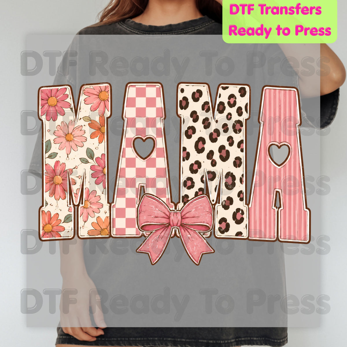 Mama DTF Transfers, Pink Daisy Floral Leopard Coquette Bow Retro Ready to Press