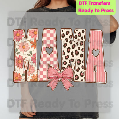 Mama DTF Transfers, Pink Daisy Floral Leopard Coquette Bow Retro Ready to Press