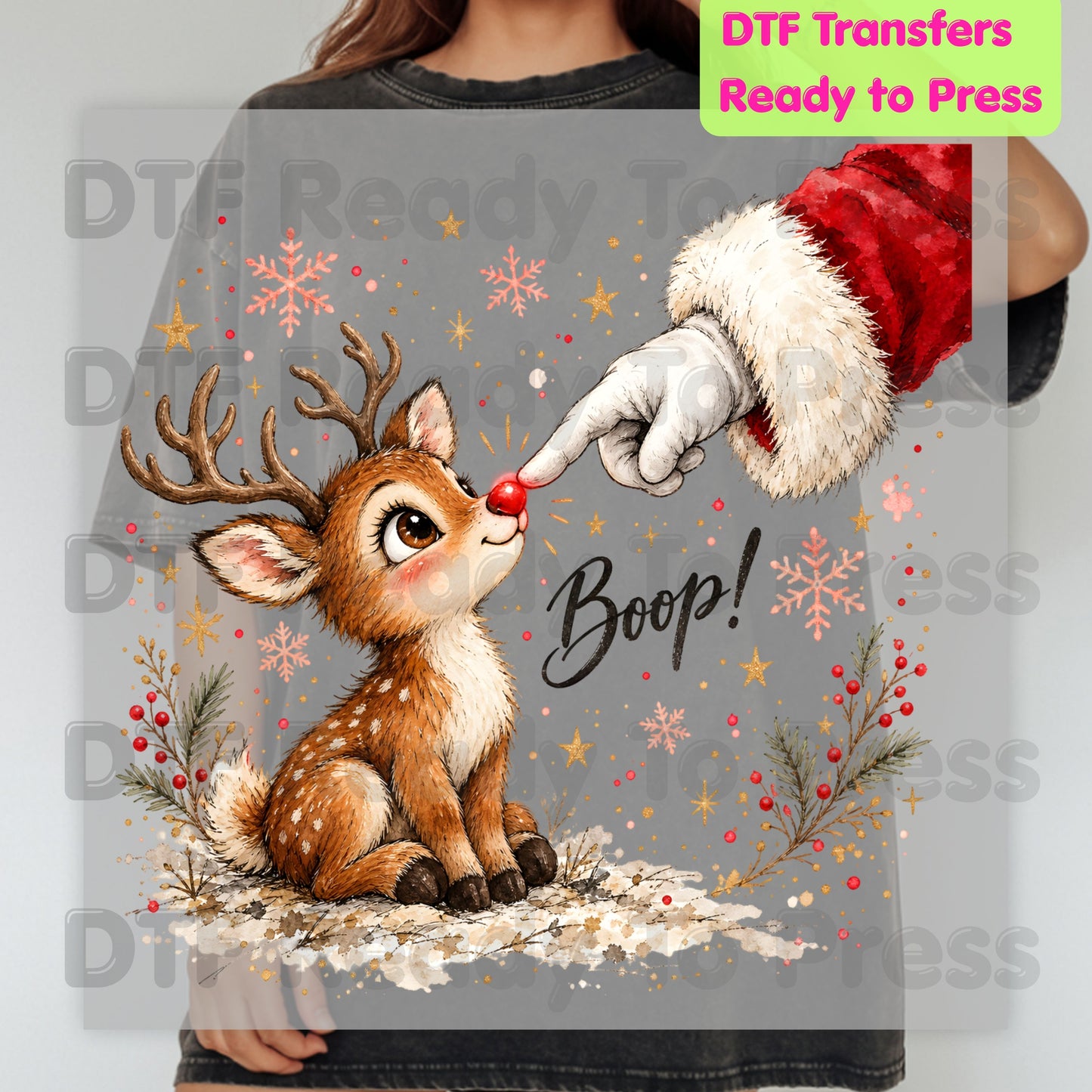 Christmas Reindeer DTF Transfers, Santa Boop Rudolph Cute Baby Deer Holiday Ready to Press