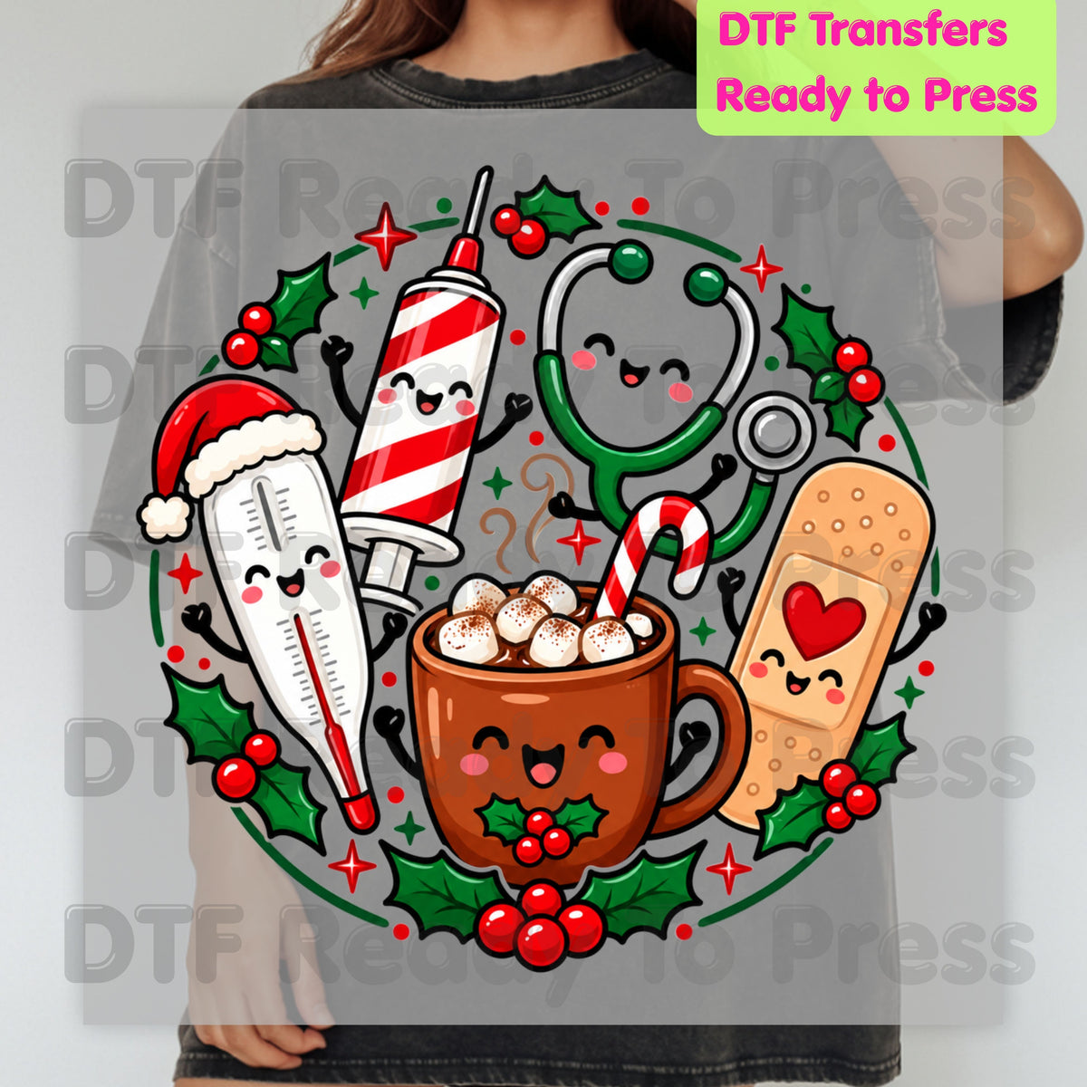 Christmas Medical Nurse DTF Transfers, Holiday Cocoa Thermometer Syringe Nurse Ready to Press