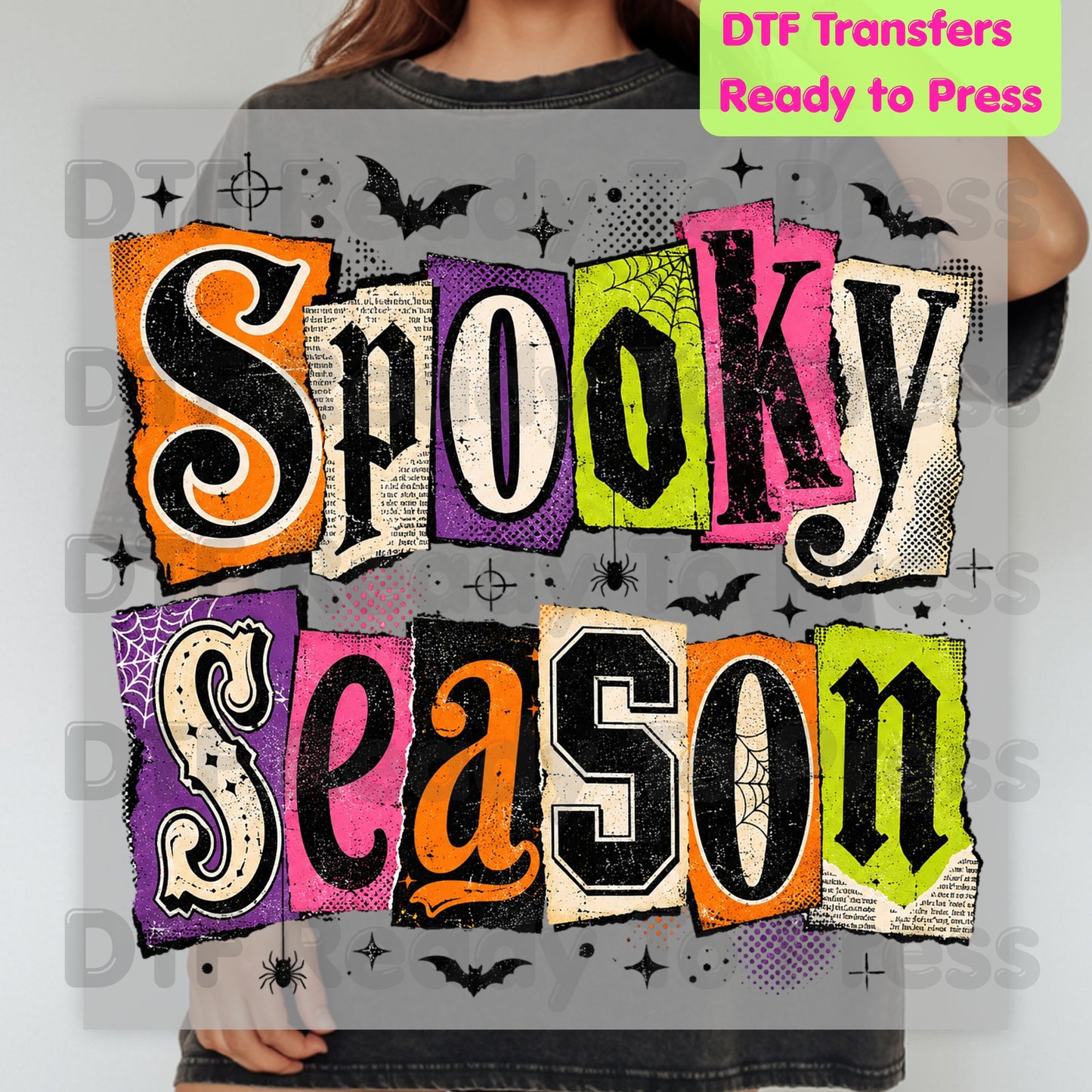 Halloween Spooky Season DTF Transfers, Ransom Note Cutout Colorful Gothic Patchwork Bats Spiderweb Ready to Press