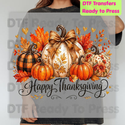 Happy Thanksgiving Pumpkins DTF Transfers, Autumn Leaves Buffalo Plaid Fall Ready to Press