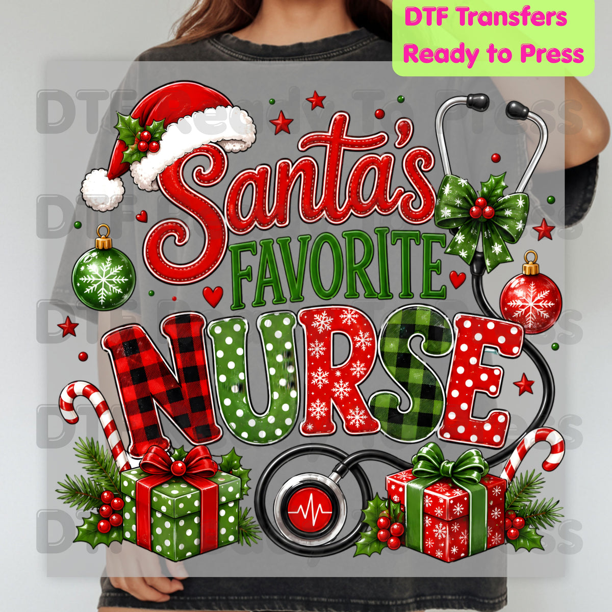 Santa's Favorite Nurse DTF Transfers, Christmas Medical Nursing Stethoscope Holiday Ready to Press