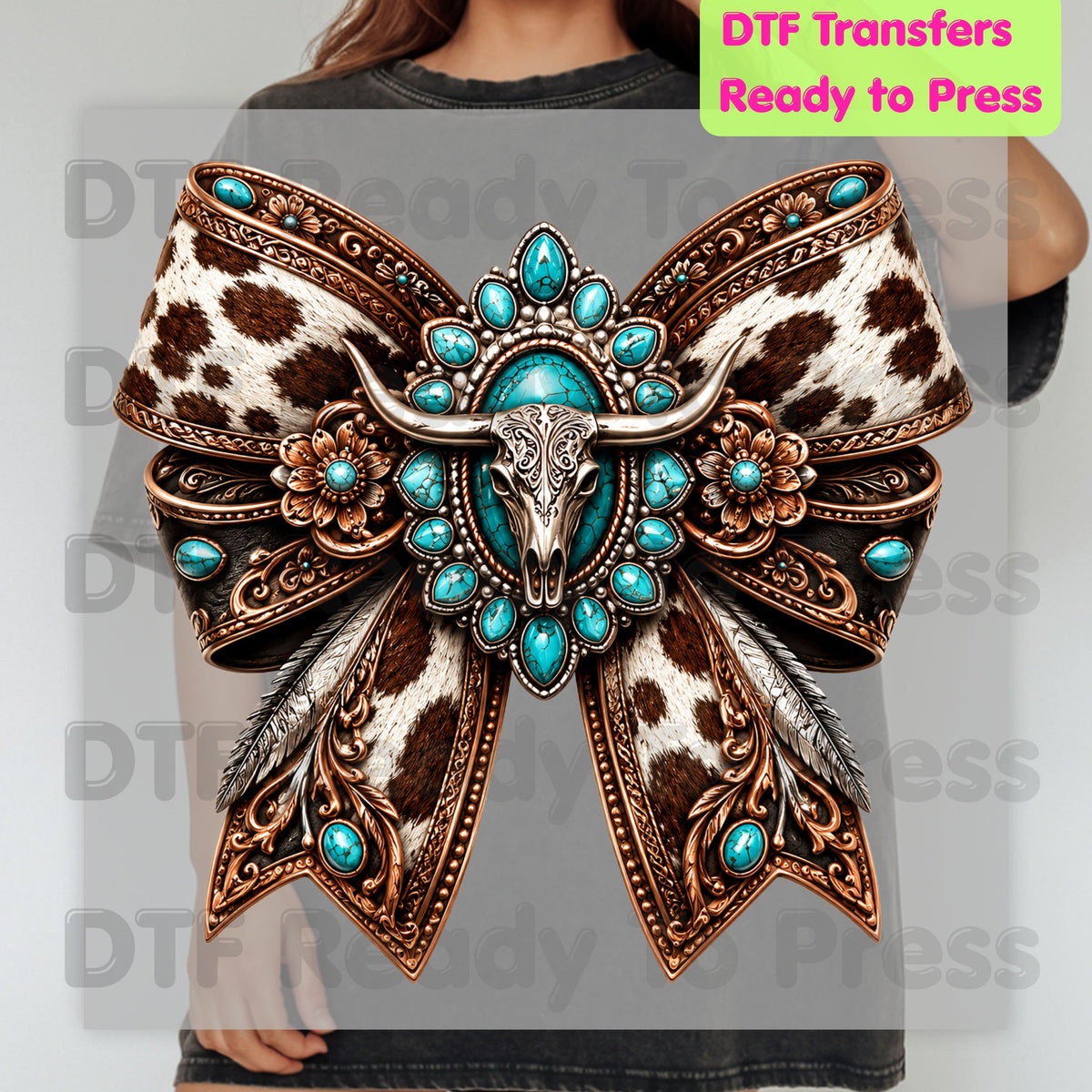 Western Bow DTF Transfers, Turquoise Longhorn Skull Cowhide Coquette Bow Cowgirl Ready to Press