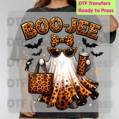 Halloween DTF Transfer Ready to Press Leopard Print Boojee Ghost with Purse Tumbler Glasses Heat Transfer Shirts Trendy Spooky Vibes Tees