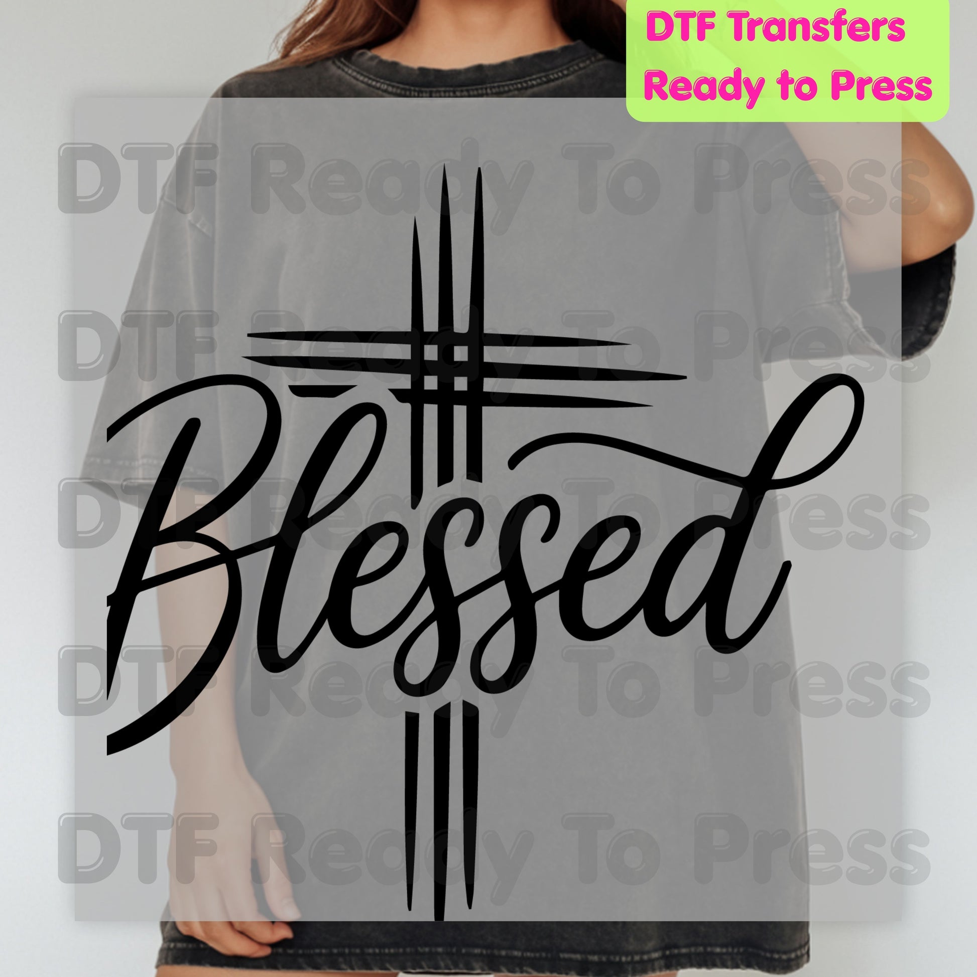 Blessed Cross Script DTF Transfers, Christian Faith Cursive Minimalist Religious Ready to Press