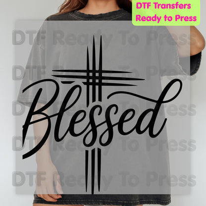 Blessed Cross Script DTF Transfers, Christian Faith Cursive Minimalist Religious Ready to Press