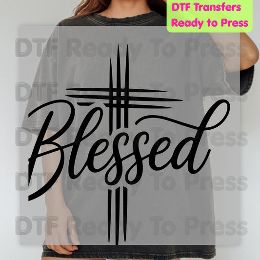 Blessed Cross Script DTF Transfers, Christian Faith Cursive Minimalist Religious Ready to Press