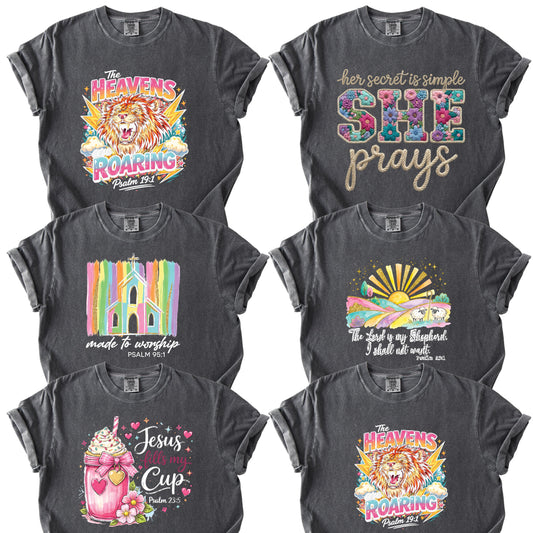 Christian Faux Yarn Printed Comfort Colors T Shirt Jesus Apparel Religious Faith Tees  She Prays The Heavens Roaring Made to Worship