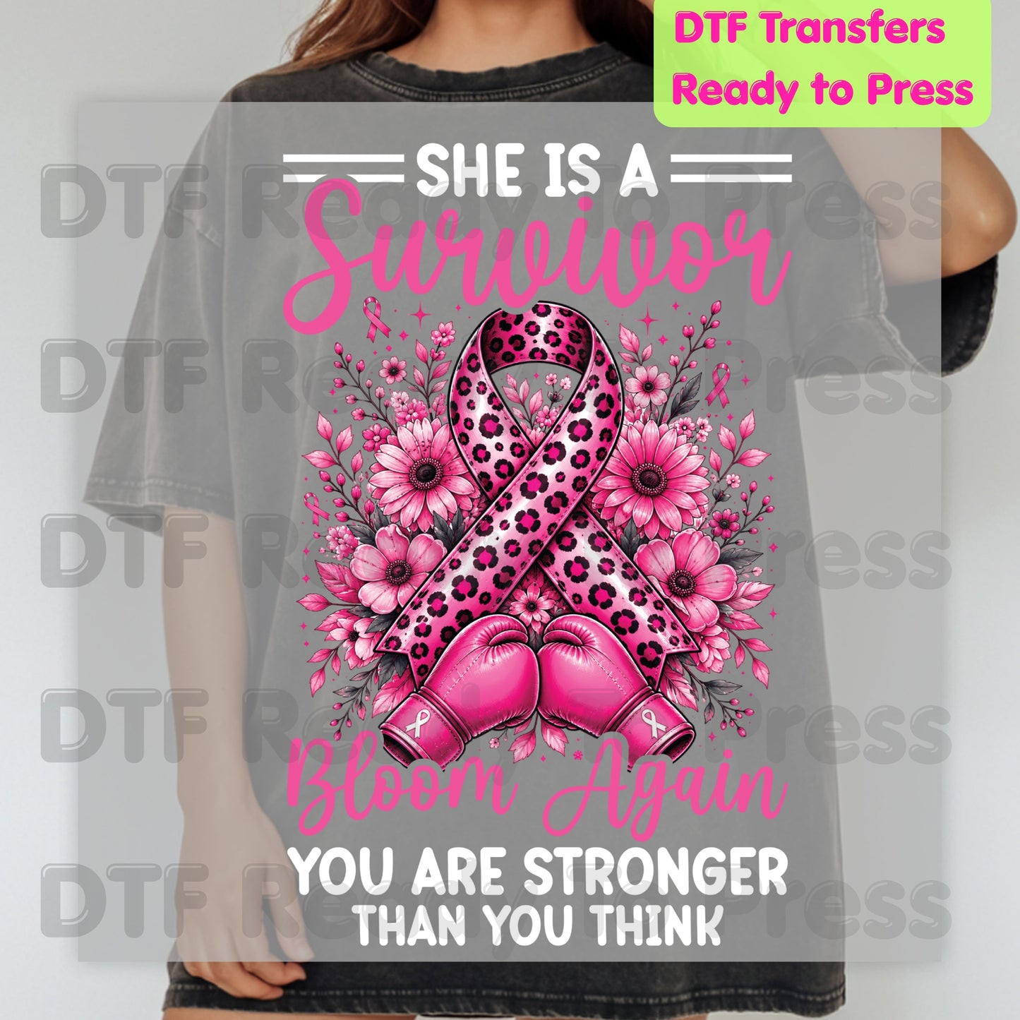 Survivor Bloom Again Breast Cancer Awareness DTF Transfer Ready to Press Heat Transfer Leopard Floral Tee