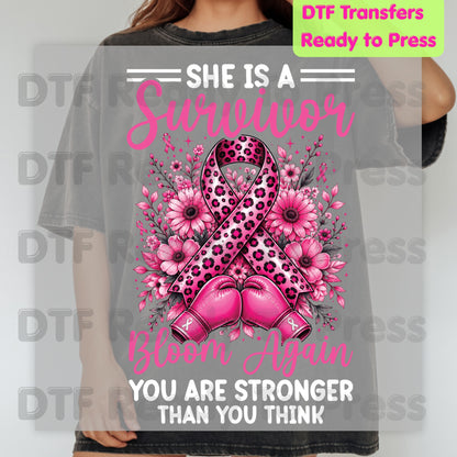 Survivor Bloom Again Breast Cancer Awareness DTF Transfer Ready to Press Heat Transfer Leopard Floral Tee