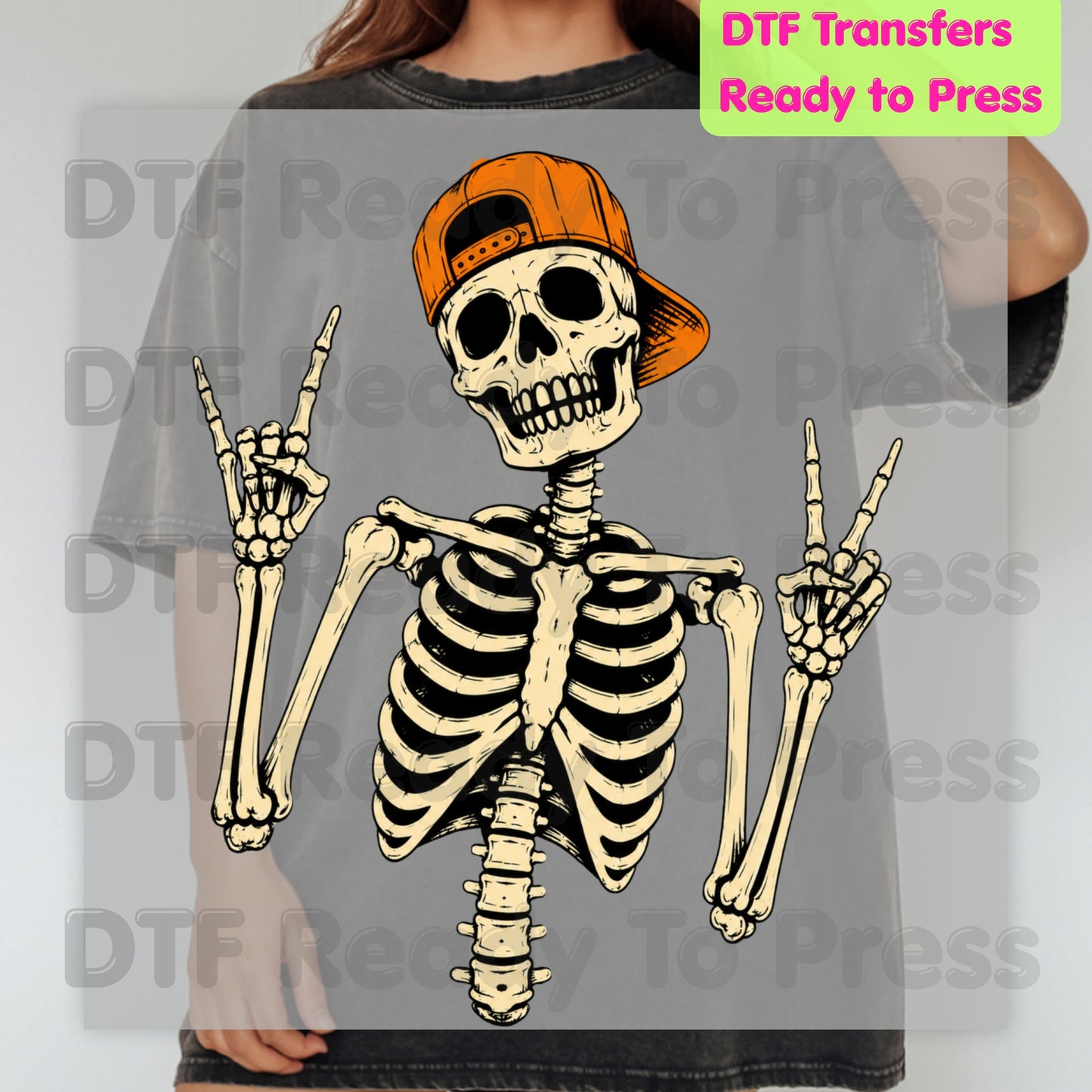 Cool Skeleton DTF Transfers, Rock On Peace Sign Halloween Orange Hat Ready to Press