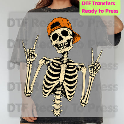 Cool Skeleton DTF Transfers, Rock On Peace Sign Halloween Orange Hat Ready to Press