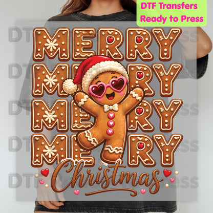 Christmas DTF Transfer, Merry Gingerbread Man with Sunglasses Graphic