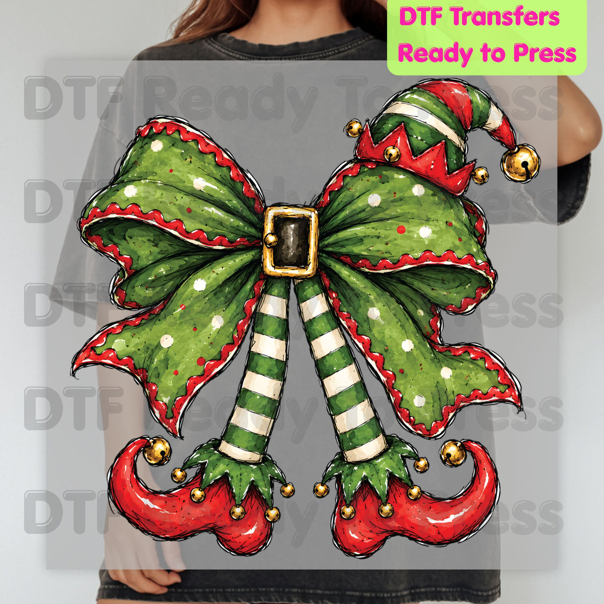 Christmas Elf DTF Transfer, Green Bow, Striped Legs and Hat