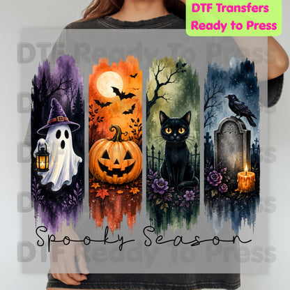Halloween Spooky Season DTF Transfers, Brushstroke Ghost Pumpkin Black Cat Crow Tombstone Ready to Press
