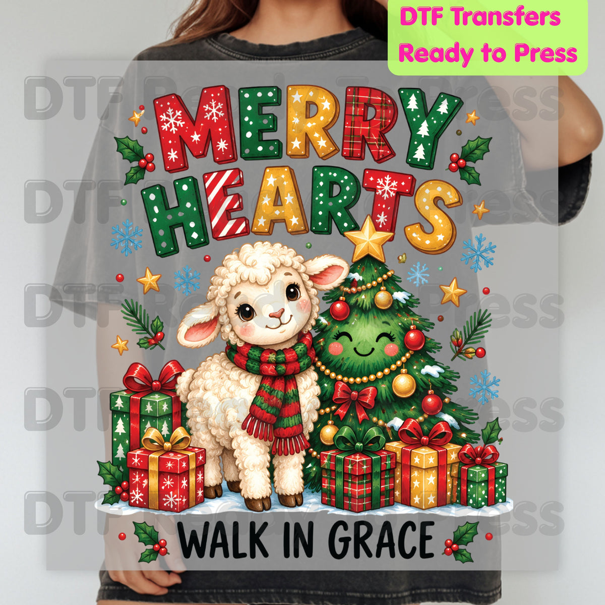 Christmas DTF Transfer, Walk in Grace Lamb, Merry Hearts Christmas Tree
