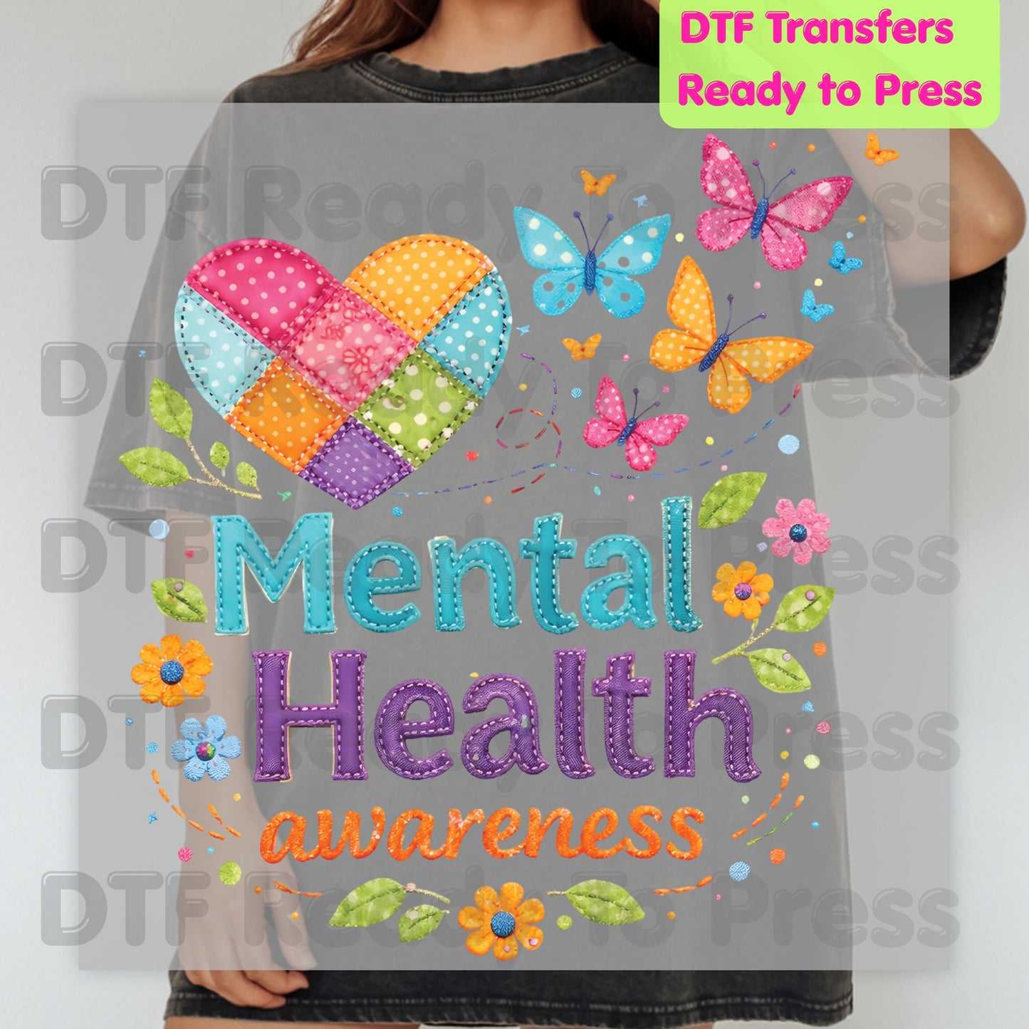 Mental Health DTF Transfer Ready to Press Quilted Heart Butterfly Heat Transfer Mental Health Matters Tee Print Direct to Film Transfer