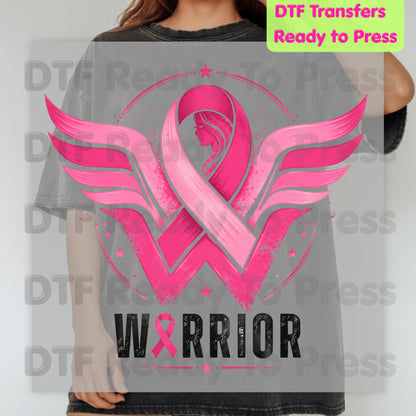 Breast Cancer Pink Ribbon DTF Transfers, Wings Warrior Hope Survivor Awareness Ready to Press