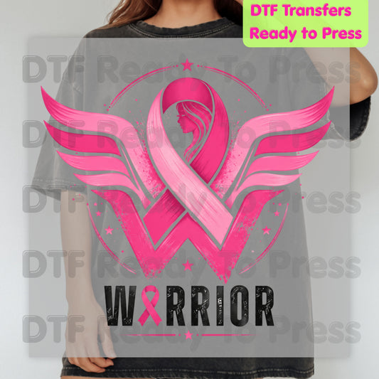 Breast Cancer Pink Ribbon DTF Transfers, Wings Warrior Hope Survivor Awareness Ready to Press