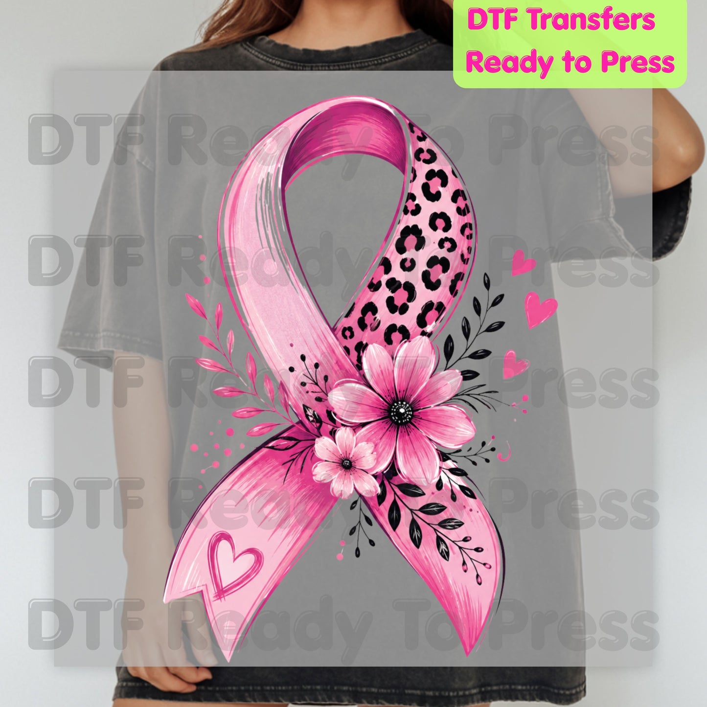 Leopard Floral Pink Ribbon Breast Cancer Awareness DTF Transfer Ready to Press Heat Transfer Tee