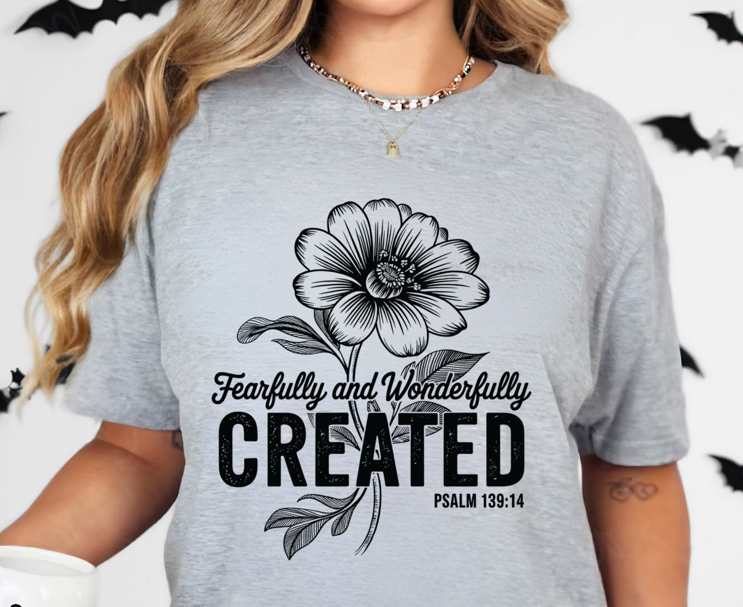 Fearfully Wonderfully Created T Shirt Psalm 139:14 Christian Floral Tee Faith Shirt Adult Youth Toddler Baby Religious Gift Bible Verse Tee