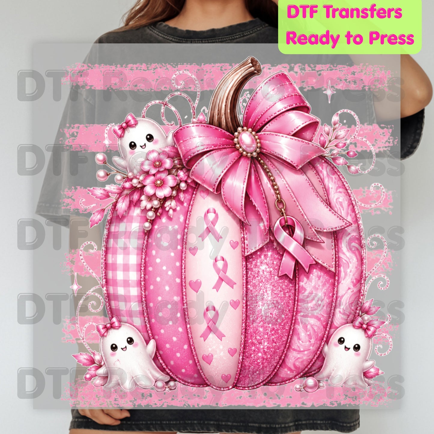 Pink Pumpkin Breast Cancer Awareness DTF Transfer Ready to Press Heat Transfer Spooky Ghost Bow Tee
