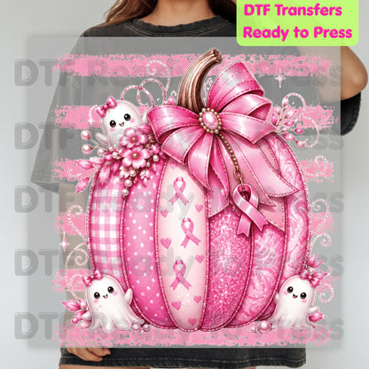 Pink Pumpkin Breast Cancer Awareness DTF Transfer Ready to Press Heat Transfer Spooky Ghost Bow Tee
