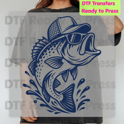 Fishing DTF Transfer, Bass Fish with Sunglasses and Trucker Hat Graphic