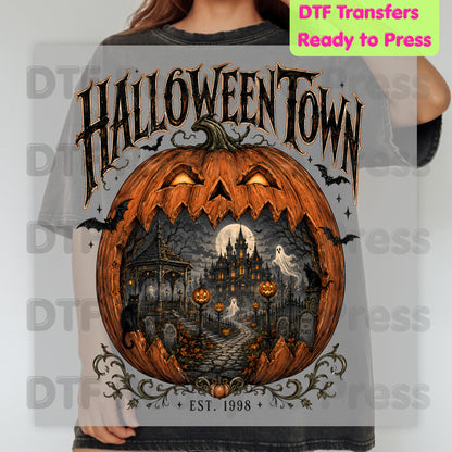 Halloween Town DTF Transfers, Est 1998 Spooky Pumpkin Vintage Haunted House Ready to Press