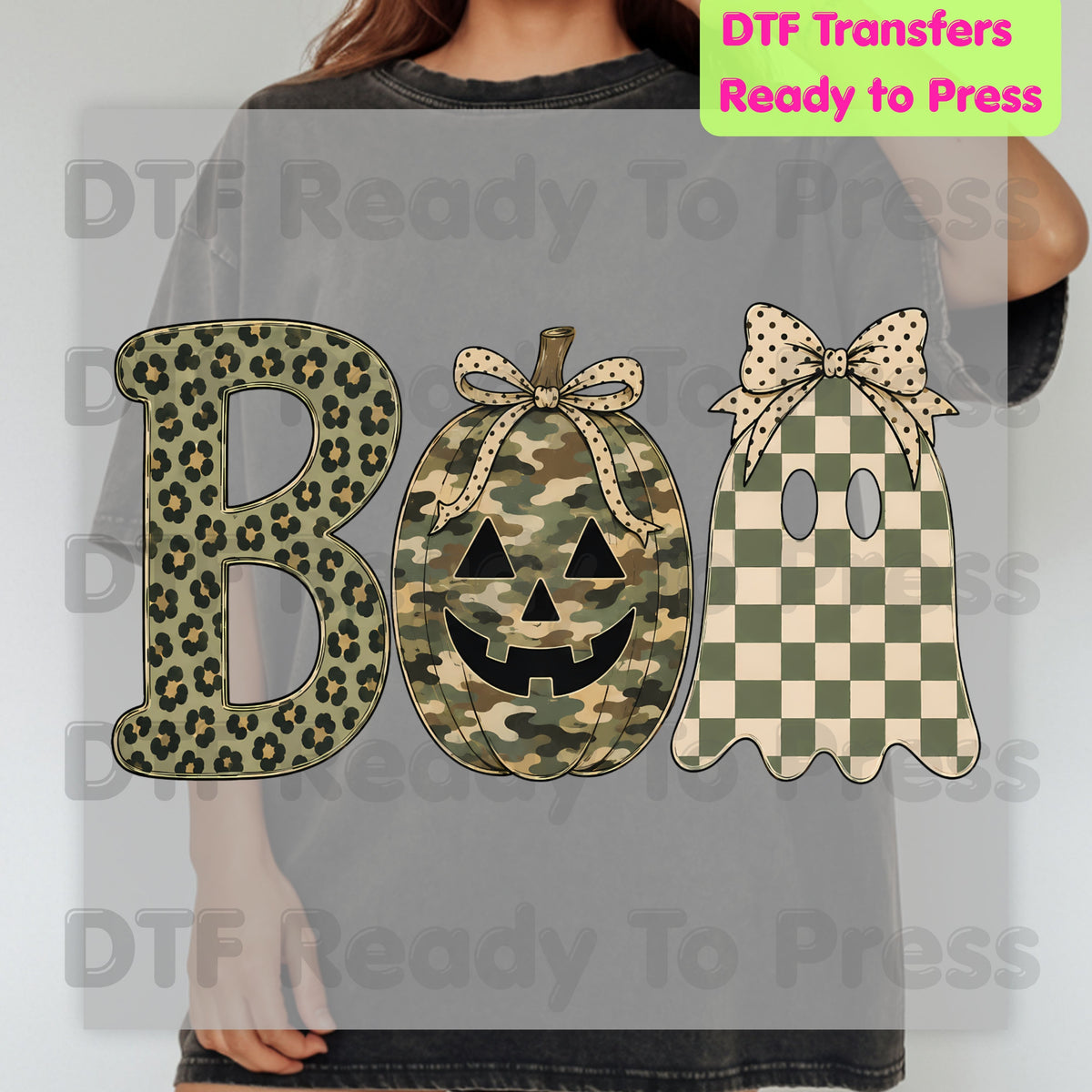 Halloween Camo Pumpkin DTF Transfers, Boo Ghost Leopard Checkered Coquette Bow Spooky Ready to Press