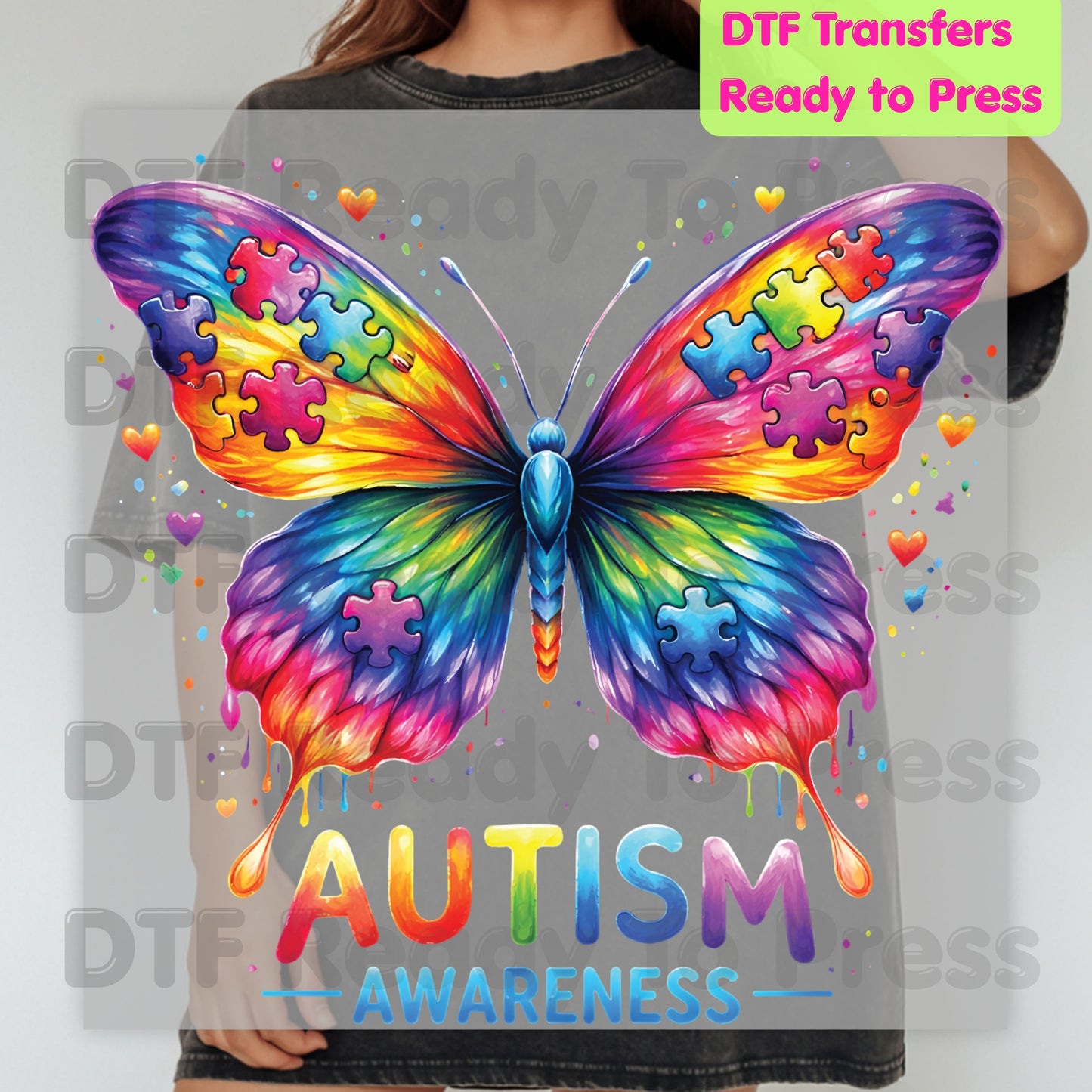 Autism Awareness DTF Transfer Ready to Press Rainbow Butterfly Puzzle Pieces Heat Transfer Tee Print Direct to Film Transfer