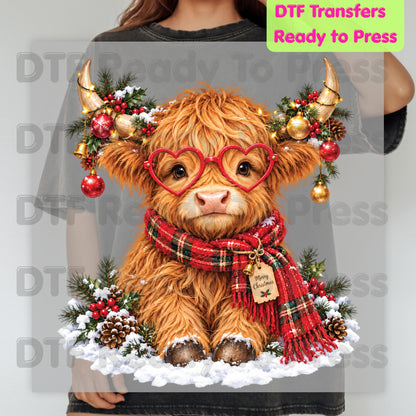 Christmas DTF Transfer, Highland Cow with Heart Glasses, Scarf and Ornaments