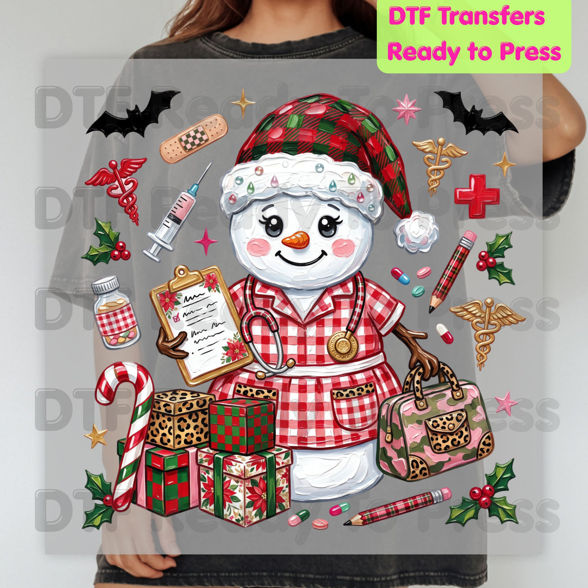 Christmas Nurse Snowman DTF Transfers, Medical Holiday Stethoscope Graphic Ready to Press