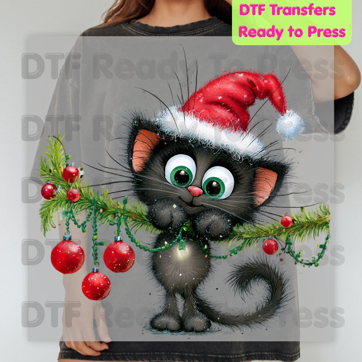 Black Cat Christmas DTF Transfers, Santa Hat Christmas Lights Cute Kitten Holiday Ready to Press