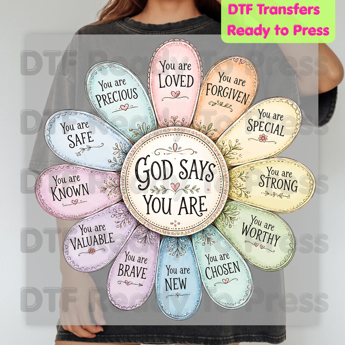 God Says You Are Flower DTF Transfers, Christian Faith Affirmation Petals Religious Quote Ready to Press