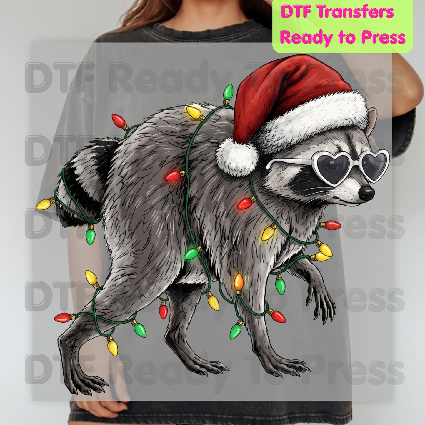 Christmas Raccoon DTF Transfers, Santa Hat Trash Panda Holiday Lights Ready to Press