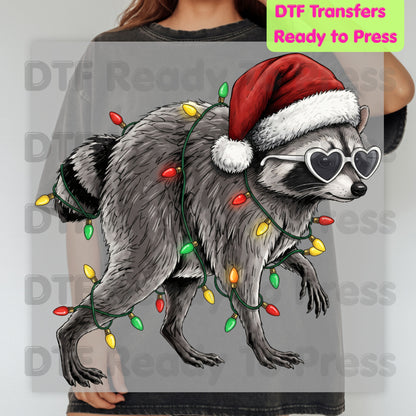 Christmas Raccoon DTF Transfers, Santa Hat Trash Panda Holiday Lights Ready to Press