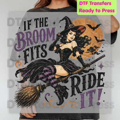 Vintage Halloween Witch DTF Transfers, If the Broom Fits Ride It Flying Witch Moon Spooky Ready to Press